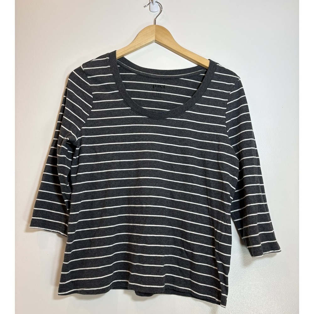 PACT Organic Cotton Multicolor Gray Striped Scoop Neck 3/4 Sleeve Top Preppy